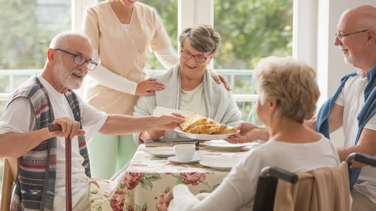 Close up on a plate of mashed potatoes, topped with baked pork chops with cream of mushroom soup, and a side of green beans.
