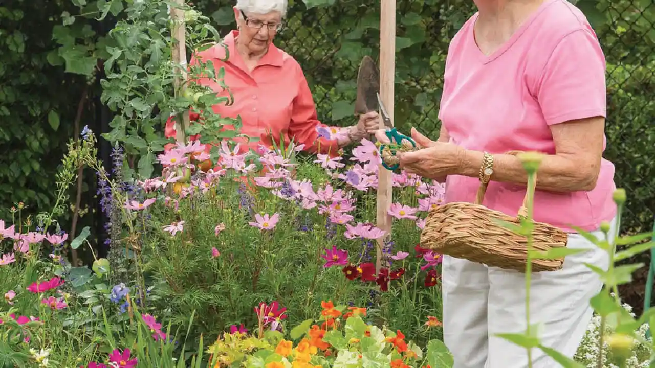 Close up on a plate of mashed potatoes, topped with baked pork chops with cream of mushroom soup, and a side of green beans.